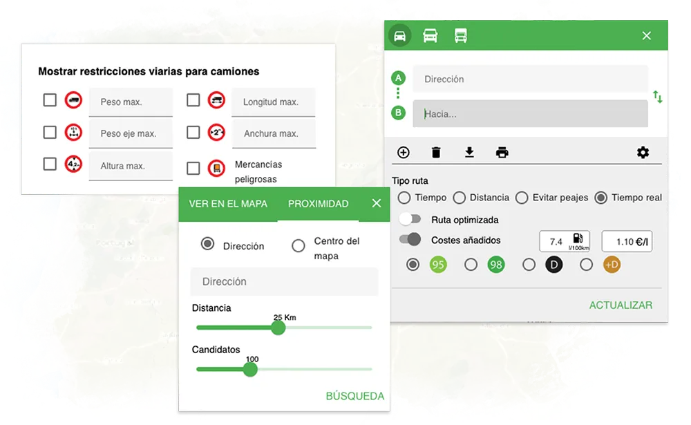 Imagen representativa de múltiples opciones de optimización de rutas, incluyendo tráfico en tiempo real, peajes y diferentes modalidades de ruta.
