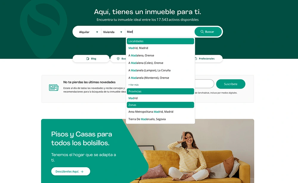 Interfaz de una web inmobiliaria con sistema de búsqueda por sugerencias geográficas.